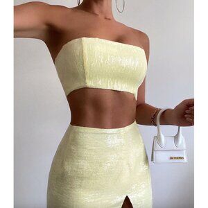NWT Runaway The Label butter lemon yellow sequin bandeau strapless crop top